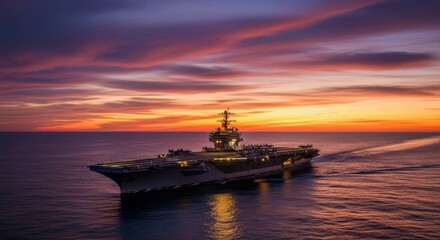 Obraz premium A majestic aircraft carrier sails across the tranquil ocean at dusk, illuminated by a breathtaking, vibrant sunset. Wide aerial view, sea, military ship, seascape