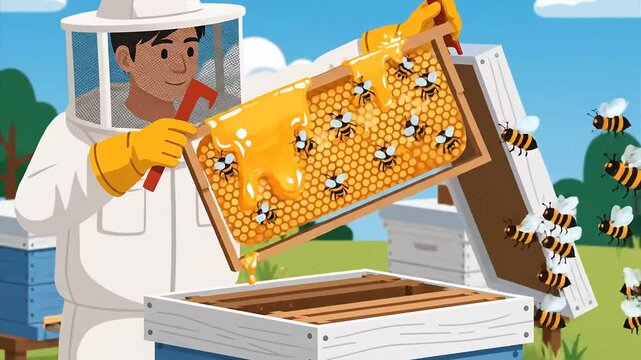 A beekeeper in protective gear examines a honeycomb frame with bees near an apiary on a sunny day.
