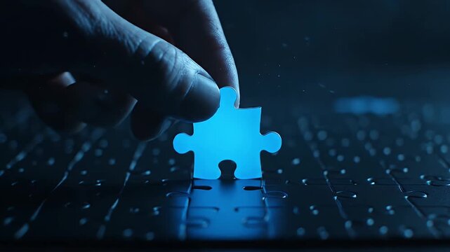 A human hand holds a vibrant blue glowing puzzle piece just above a dark, illuminated computer keyboard.