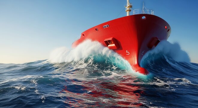The sturdy bow of a large cargo ship forcefully slices through a series of towering, dynamic ocean waves under a vast sky, bow, sturdy, open