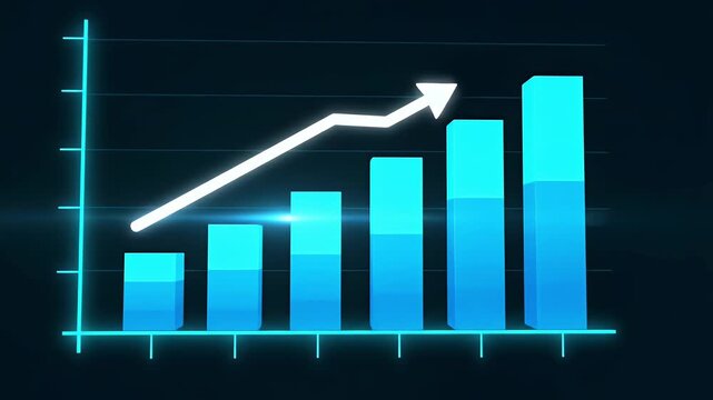 A glowing blue bar chart depicts a steady, consistent increase over multiple periods on a dark background.