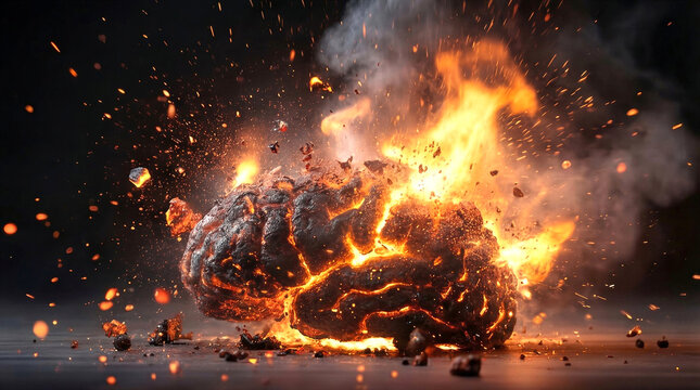 Human brain exploding with fire and sparks against dark background. Intense mental pressure and cognitive overload.