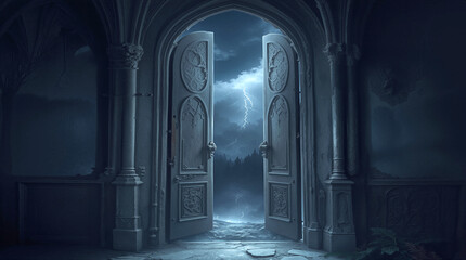 Fototapeta premium Gothic stone archway with open doors revealing lightning storm over forest. Dark mystical entrance to fantasy landscape at night.