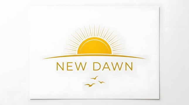 A minimalist logo design featuring a golden rising sun over a horizon line, with the text 'NEW DAWN' and three birds flying, symbolizing hope and new beginnings.