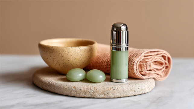 Minimalist beauty still life with face steamer and jade stone for relaxation and skincare