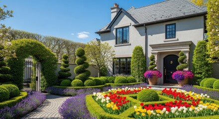 Obraz premium Charming Suburban Home with Lush Landscaped Garden and Colorful Flower Beds