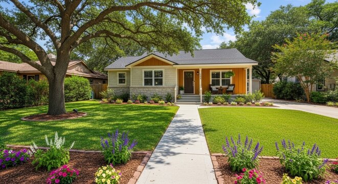 Charming Suburban Bungalow with Lush Landscaping and Inviting Front Porch