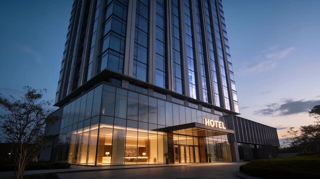 Modern hotel architecture reflecting sunset with welcoming ambiance and design