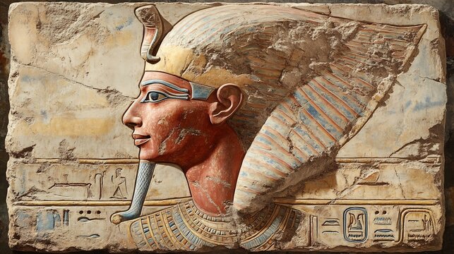 Detailed Egyptian stone carving depicting a profile of a pharaoh with a traditional headdress and beard on aged sandstone texture.