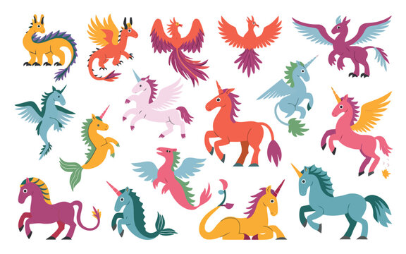 Whimsical collection of mythical and fantasy creatures in vibrant colors Vector