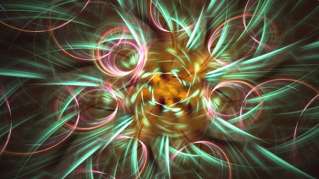 Multiple heliciform shapes, curved rays emanating from center, whirling, fluctuating and trembling. Fractal elements infinite metamorphoses. Abstract hypnotic changes of vortex. 4K UHD 4096x2304