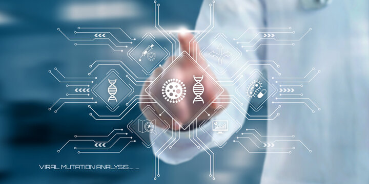 Doctors hand interacts with futuristic digital interface displaying viral mutation analysis and DNA sequences in a science research laboratory