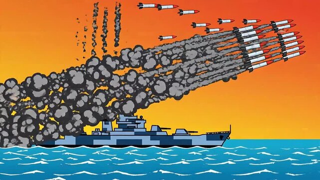 Naval vessel launches missiles across the ocean during sunset explosion.