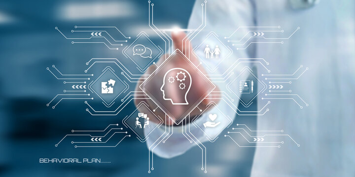Medical professional interacting with a digital interface showcasing behavioral plan concepts and interconnected icons representing psychology and healthcare solutions