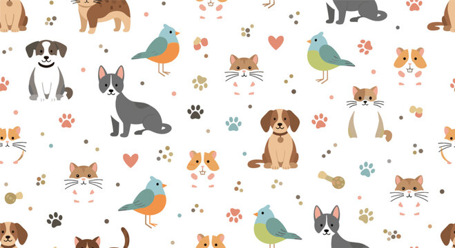Cute pets seamless pattern with dogs cats birds and paw prints, adorable animal background for textile wrapping and nursery design vector illustration