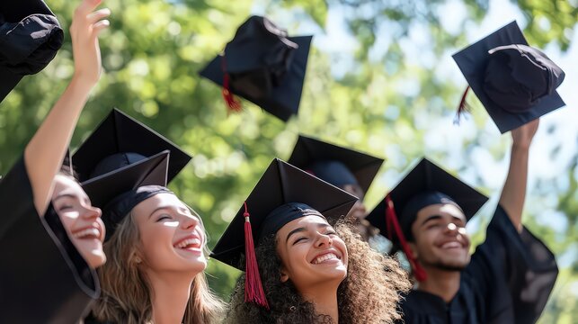 Diverse group of graduates throwing caps in air celebrating achievement outdoors in sunlight