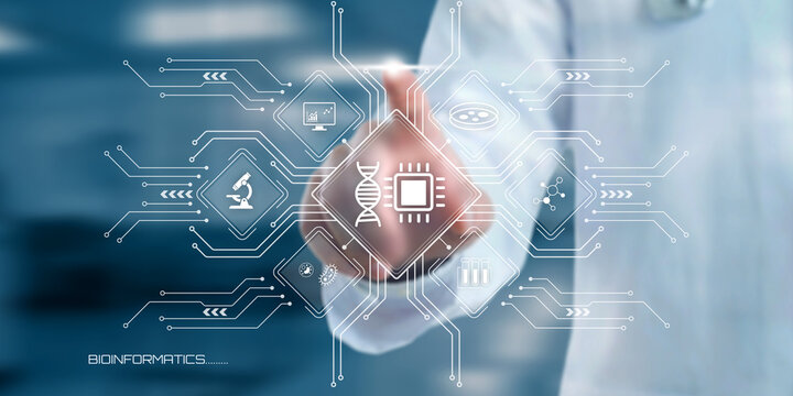 Person wearing a lab coat interacting with a futuristic digital interface displaying bioinformatics symbols and data analysis circuits representing scientific innovation and research