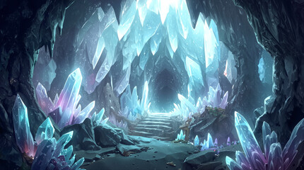 Fototapeta premium Crystal cavern with glowing mineral formations and stone stairs leading into darkness. Mystical underground environment for fantasy storytelling and gaming.