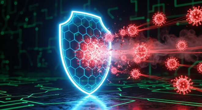 Digital shield repelling abstract virus threats on a futuristic circuit board, symbolizing robust cyber protection and network security against malware attacks
