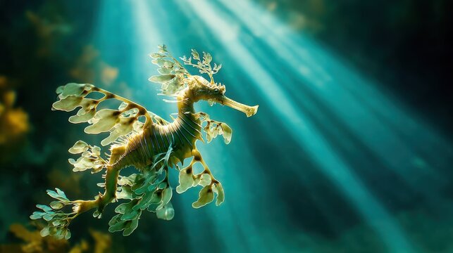 A detailed underwater portrait of a leafy sea dragon with elaborate appendages illuminated by sunbeams.