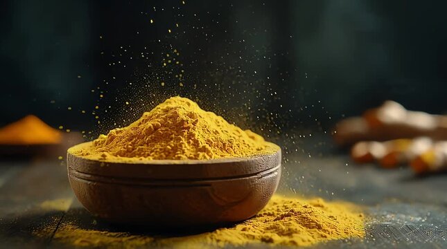 Turmeric Powder Falling into Wooden Bowl with Spoon Slow Motion.