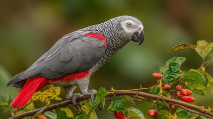 Obraz premium An African Grey Parrot with striking red markings perched on a branch with berries