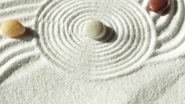 Zen garden with stones and sand pattern