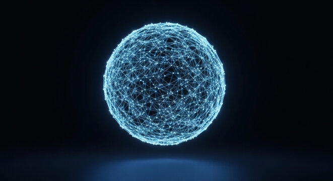 Abstract glowing blue sphere representing a complex network of connections and digital data flow, symbolizing global communication and futuristic technology with a captivating visual effect
