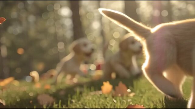 Playful puppies running and tumbling in a sunny park with vibrant green grass and warm natural light, capturing joyful pet energy, friendship, and carefree outdoor moments.