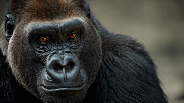 Gorilla primate ape close up portrait face with intense amber eyes and textured fur, thoughtful
