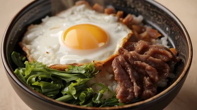 Savory rice bowl with fried egg, sliced beef, greens and pickled vegetable over sunny rice bowl