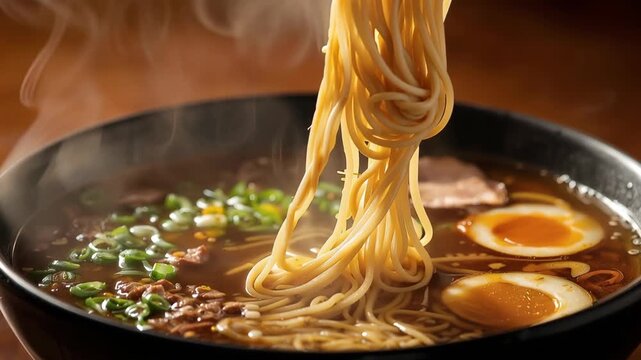 Steaming ramen noodle bowl with savory broth soft egg scallion soup and tender pork