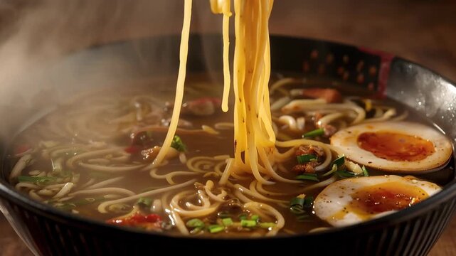 Steaming ramen noodle soup with soft yolk egg and scallion savory comforting broth lifted with
