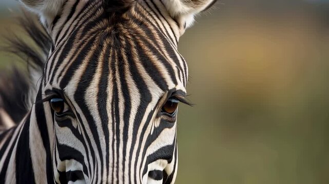 Zebra close up portrait with sharp black and white stripe pattern, soft natural background and calm