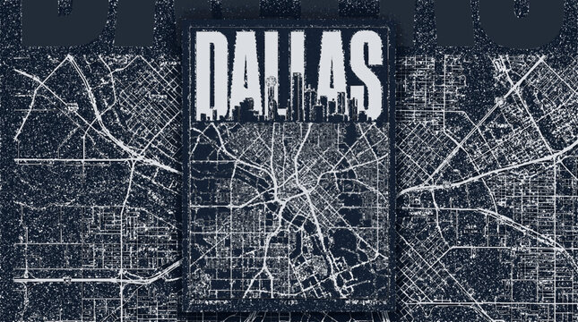 Dark mode city map poster of dallas texas with white lines and grunge texture background