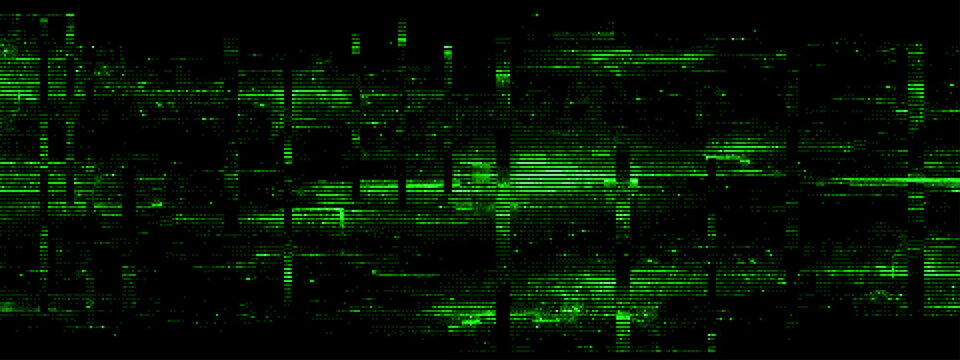 Green digital glitch effect on a black background. Abstract data corruption pattern with horizontal electronic interference. Futuristic signal transmission error for design background.