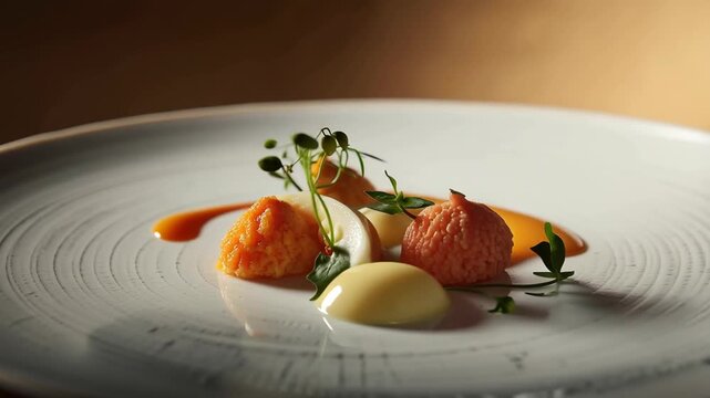 Elegant plated appetizer with salmon roe puree microgreens and warm sauce for fine dining