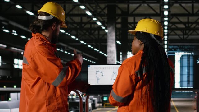 Multiethnic engineers, robot arm performance, laptop robotics, engineering plant. Workers supervising autonomous tools used for assembly line, electronics hardware for large-scale production.
