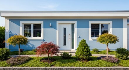 Fototapeta premium Light Blue House Exterior With White Trim And Modern Landscaping Under Sunny Sky