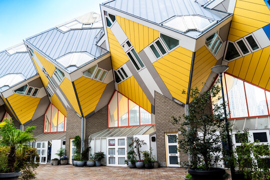 Detailed architectural view of the famous yellow Cube Houses in Rotterdam
