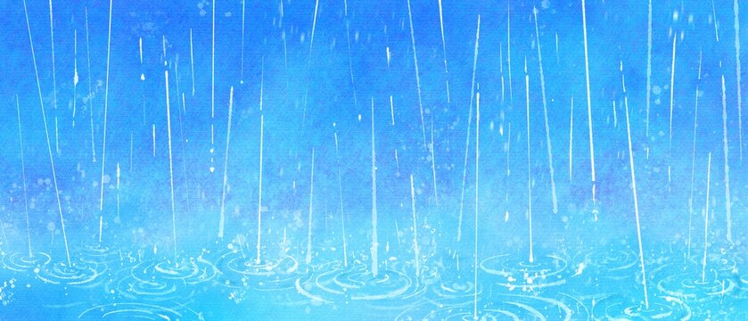 青い背景に雨が降っている水彩イラスト　梅雨イメージ