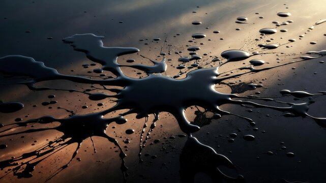 Dark liquid blobs forming an intricate, abstract pattern on a glossy surface, reflecting a warm, diffused light