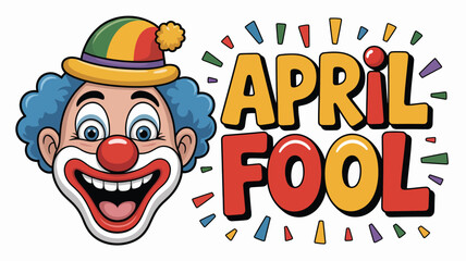 Obraz premium Happy April Fool's Day vector illustration with a smiling clown face wearing a colorful striped hat and bold text, perfect for holiday greetings and prank-themed designs.
