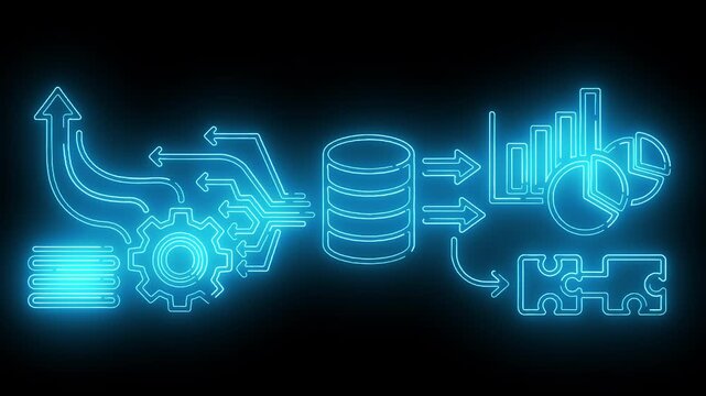 Neon blue glowing data processing flowchart with gear, cylinder, and bar chart icons on a black background with a futuristic mood.