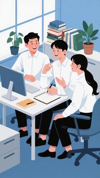 Three professionals collaborating in an office setting, discussing work at a desk with computers and documents.