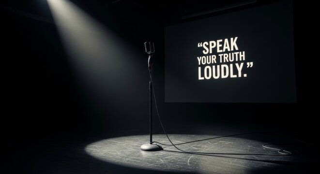 A Vintage Microphone Under Dramatic Stage Spotlight