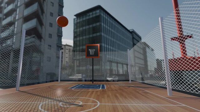 Realistic 3D animation of a ball going into the net of a basketball hoop.