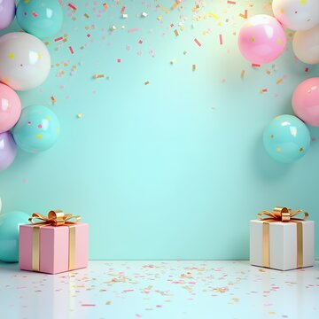 Festive party backdrop with pastel balloons gifts confetti decorates turquoise wall birthday party photo with colorful balloons presents adorable birthday decorations kids party theme studio backdrop 