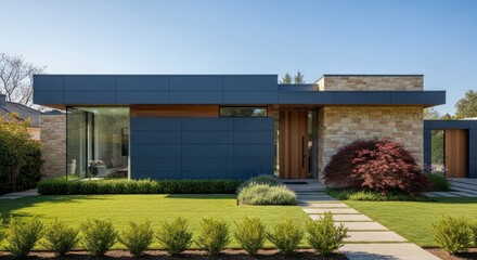 Obraz premium Modern Architectural Home With Stone And Wood Facade Sunny Day Clear Sky