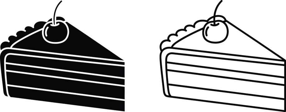 Black and White Cherry Cake Slice Icon Set Vector